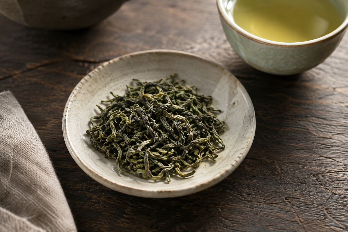 Hojas sueltas de té verde en un plato de cerámica junto a una taza de té