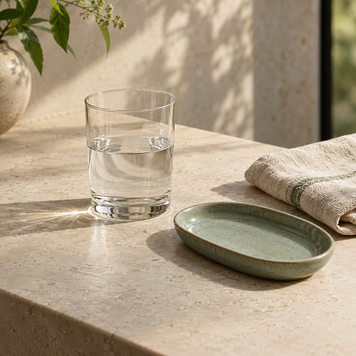 A glass of water beside an empty celadon tray and folded linen