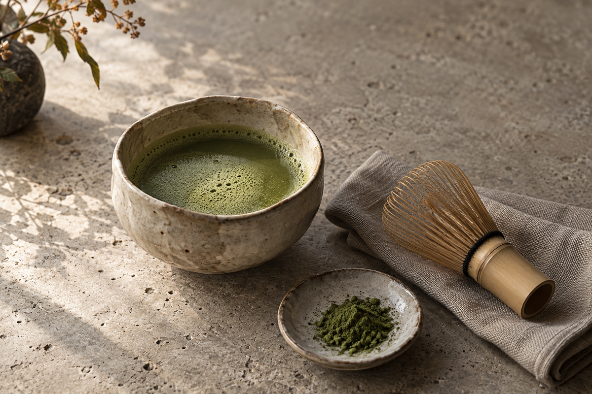Whisked green tea in a ceramic bowl beside a bamboo whisk and a dish of tea powder