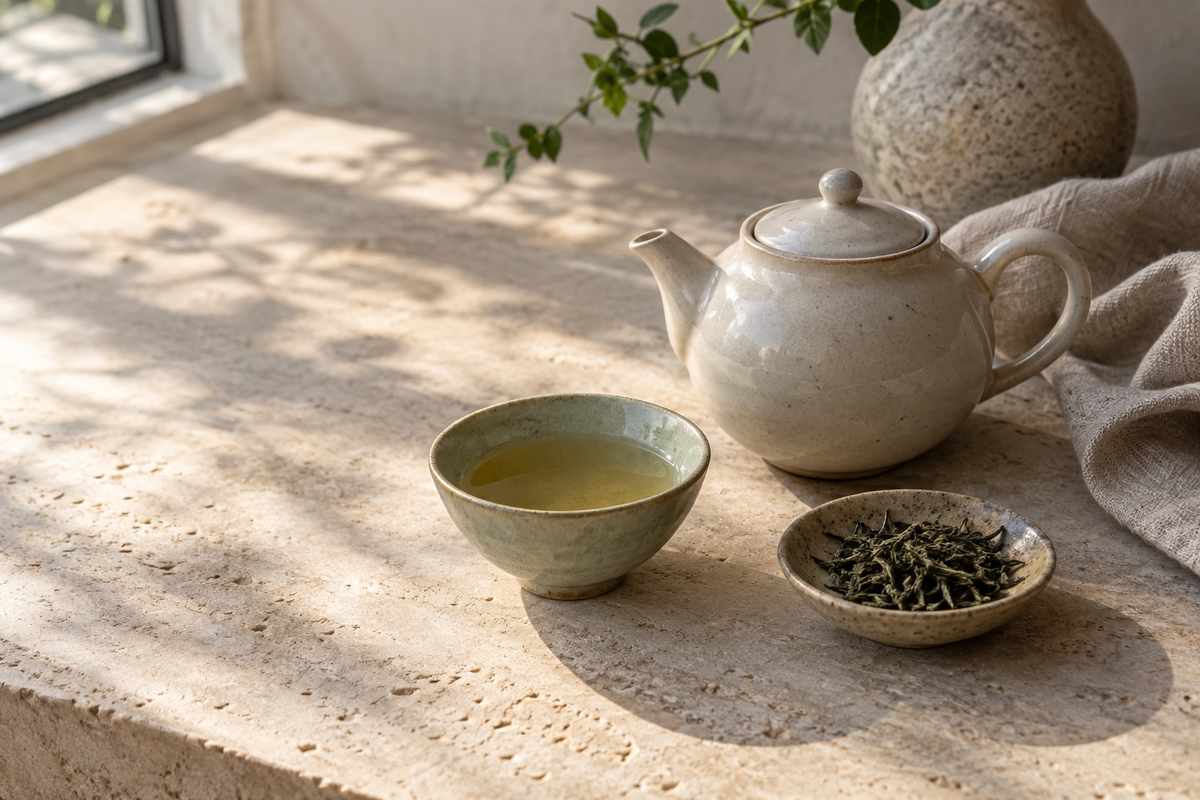 Tea in a celadon cup beside an ivory ceramic teapot on a limestone table