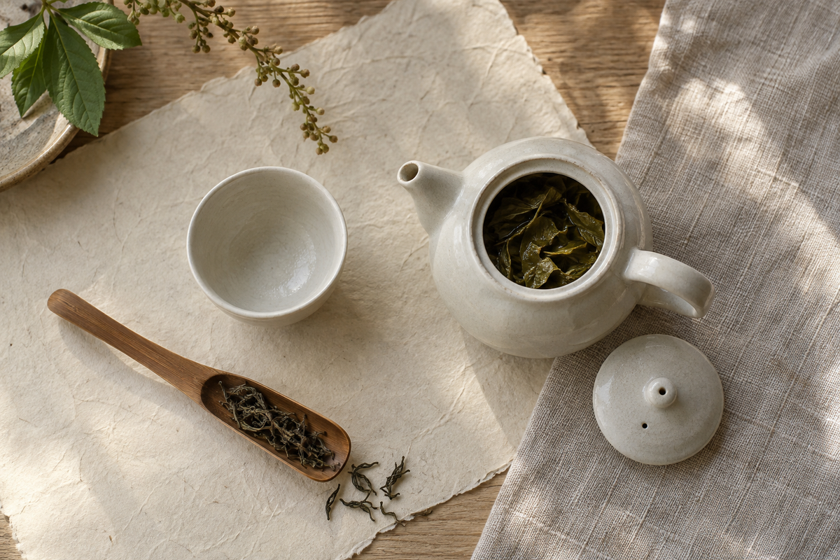Una tetera abierta, una taza de té y una cuchara de madera sobre lino