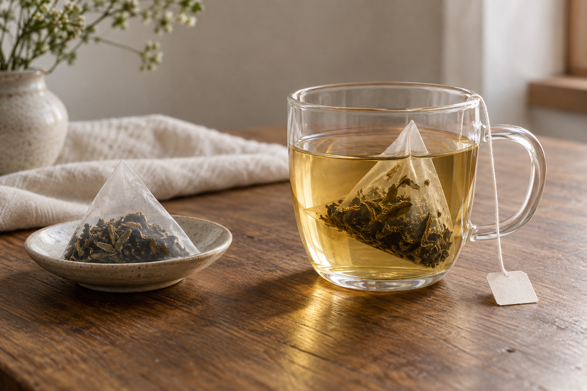 A tea bag steeping beside a dry sachet
