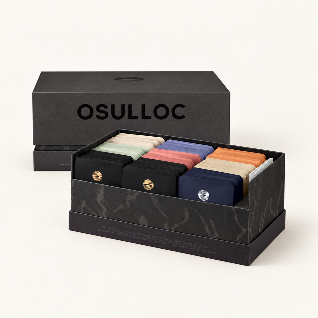 Estuche abierto Tea Edition Heritage de OSULLOC con nueve variedades de té en sobres y su tapa negra.