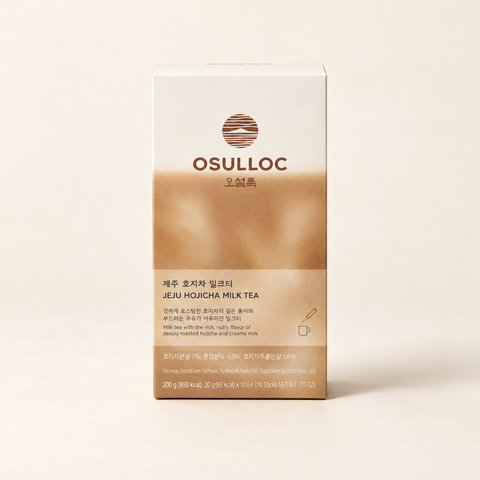 OSULLOC Jeju Hojicha Milk Tea — Carton on a warm ivory background.