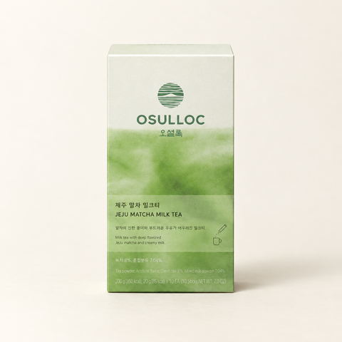 OSULLOC Jeju Matcha Milk Tea — Carton on a warm ivory background.