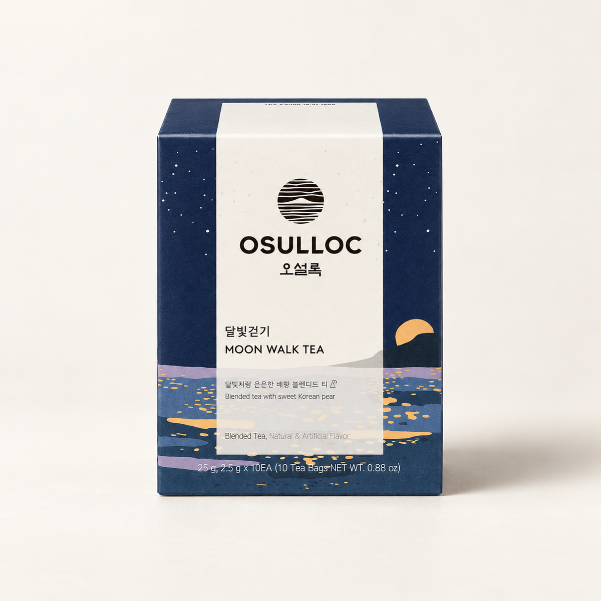 OSULLOC Moon Walk Tea, 10 tea bags in a navy carton on an ivory background.