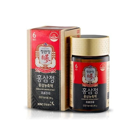 Cheong Kwan Jang Extract 240 g — Dark ginseng extract jar with gold lid beside a red-and-black carton.