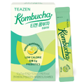TEAZEN Kombucha Green Mandarin Lime — Green kombucha box and individual stick with citrus illustrations.