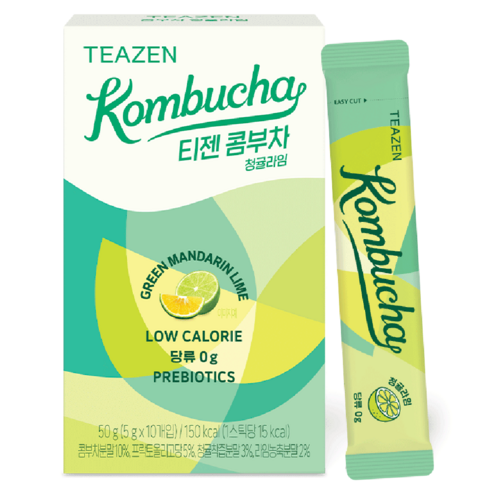 TEAZEN Kombucha Green Mandarin Lime — Green kombucha box and individual stick with citrus illustrations.