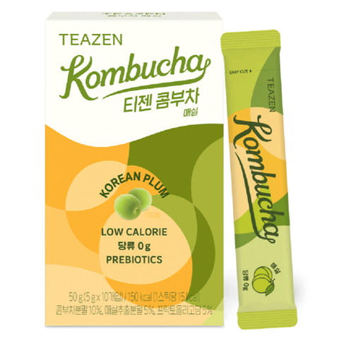 TEAZEN Kombucha Korean Plum — Yellow-and-green kombucha box and individual stick.