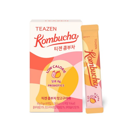 TEAZEN Kombucha Mango & Guava — Orange-and-pink kombucha box and individual stick.