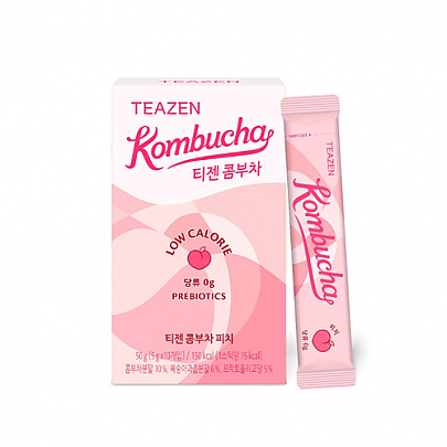 TEAZEN Kombucha Peach — Pale pink kombucha box and individual stick with peach illustrations.