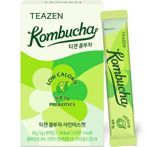 TEAZEN Kombucha Shine Muscat — Green kombucha box and individual stick with grape illustrations.
