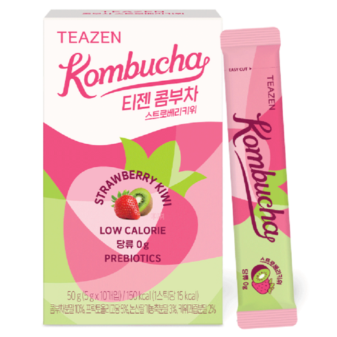 TEAZEN Kombucha Strawberry Kiwi — Pink-and-green kombucha box and individual stick with strawberry and kiwi illustrations.