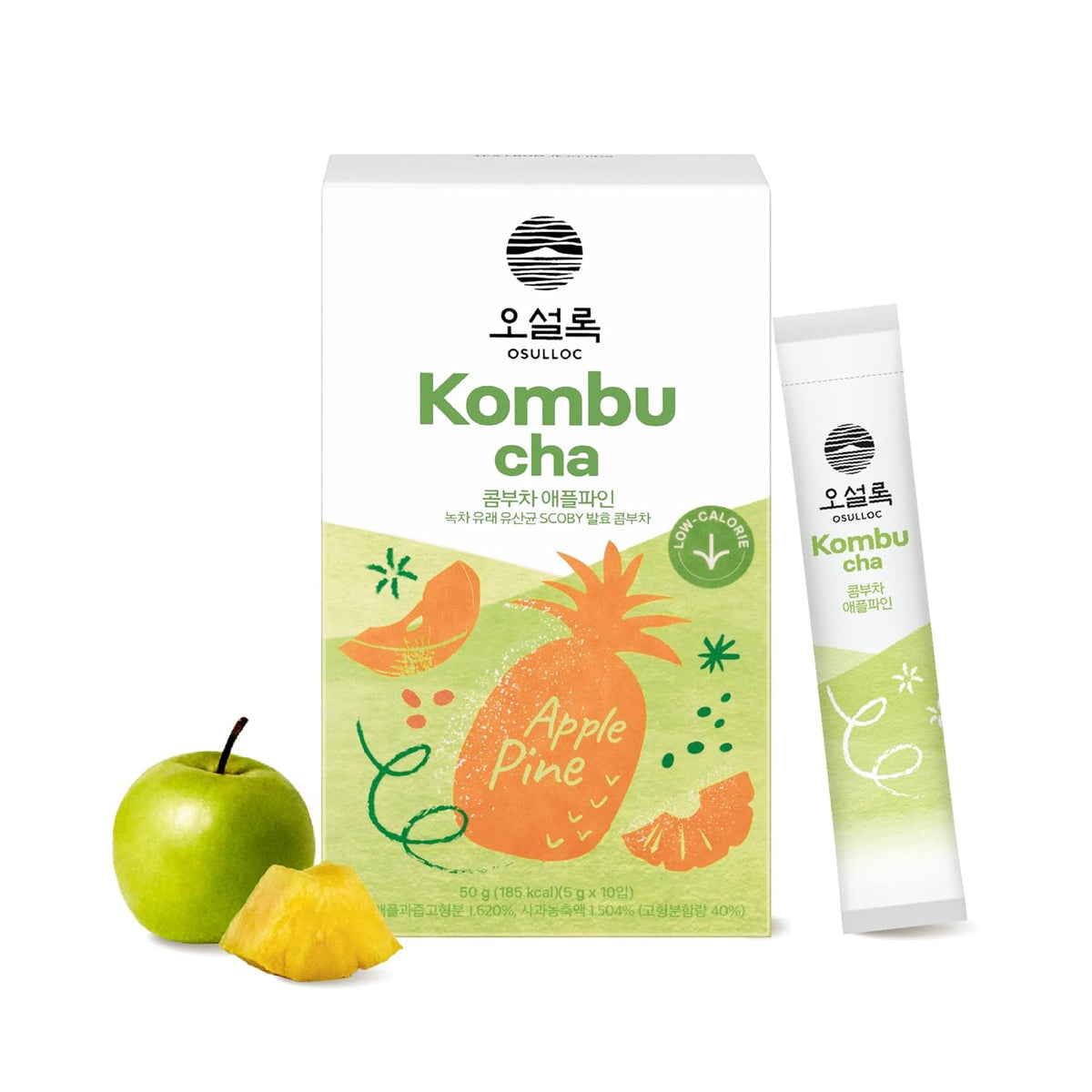 OSULLOC Kombucha Apple Pine — Box and individual stick beside green apple and pineapple pieces.