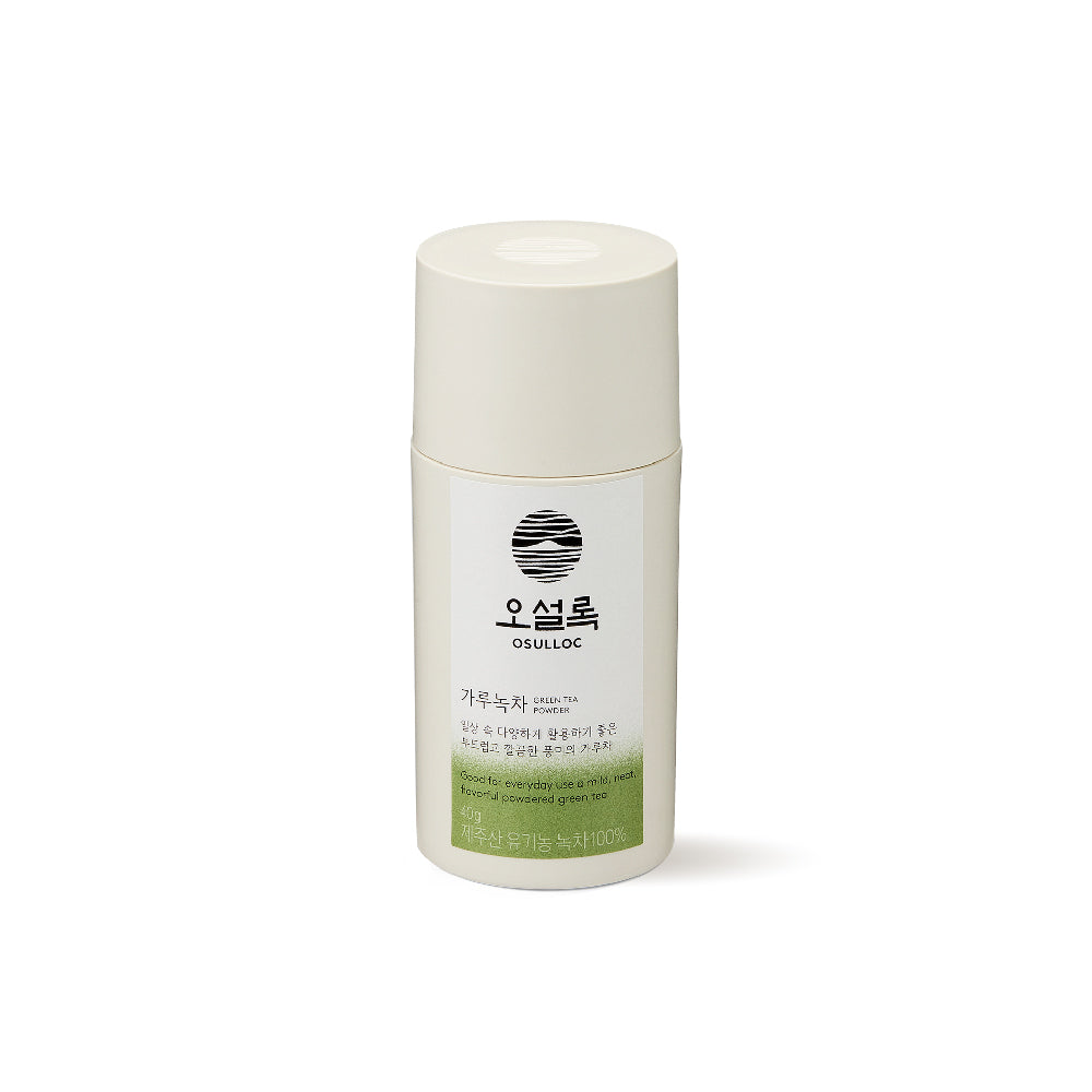 OSULLOC Jeju Green Tea Powder 40 g — Cream cylindrical container with a green label on white.