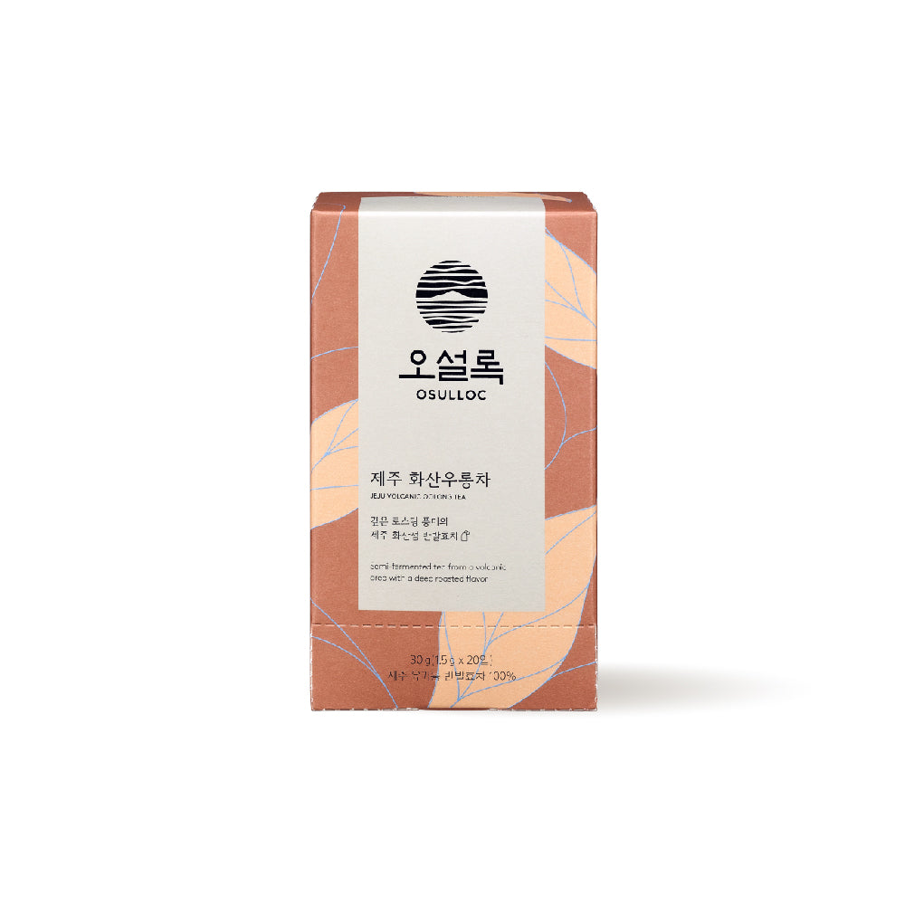 OSULLOC Jeju Volcanic Oolong Tea — Terracotta-and-white box on a white background.