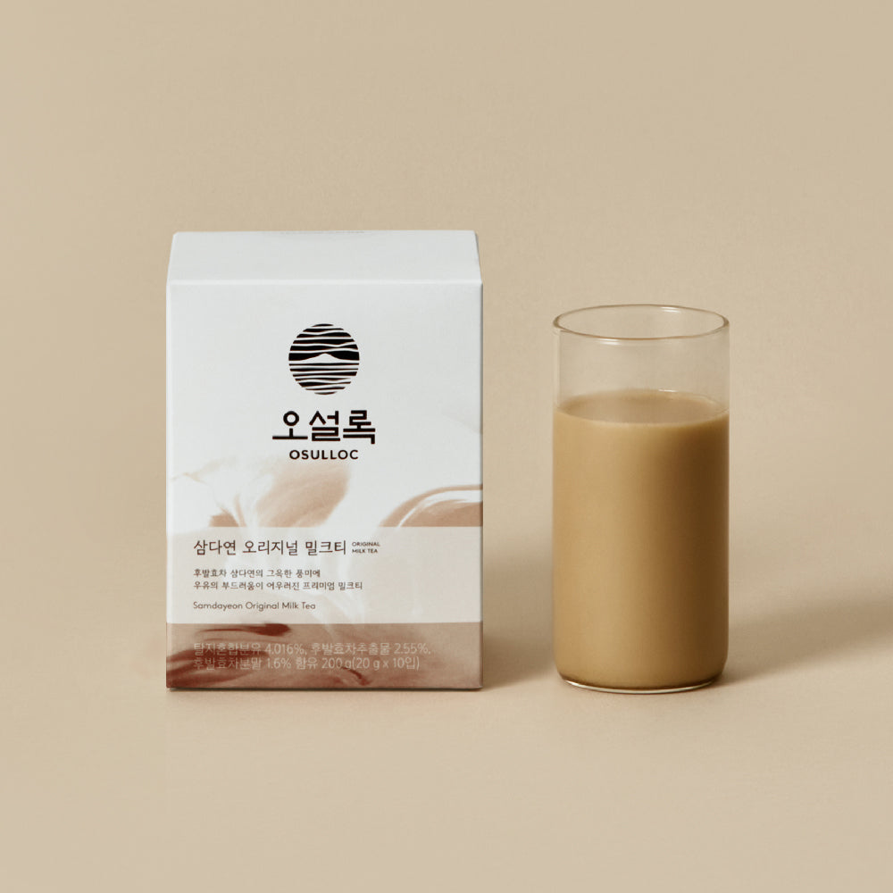 OSULLOC Original Milk Tea — White-and-brown box beside a tall glass of milk tea.