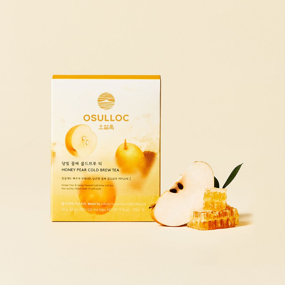 OSULLOC Honey Pear Cold Brew Tea — Yellow-and-white box beside a pear slice and stacked honeycomb.