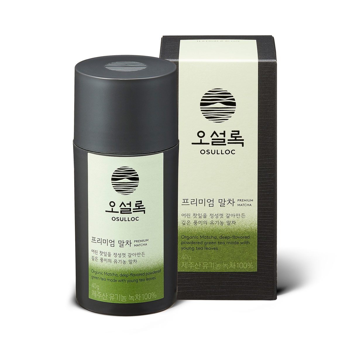 OSULLOC Premium Jeju Matcha Powder 40 g — Dark matcha container and matching box.