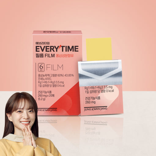 Jung Kwan Jang EveryTime Film — EveryTime Film carton, opened packet and yellow film with a smiling person.