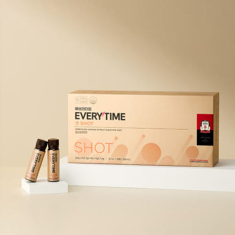 Jung Kwan Jang EveryTime Shot — Wide cream EveryTime Shot box beside two small bottles.