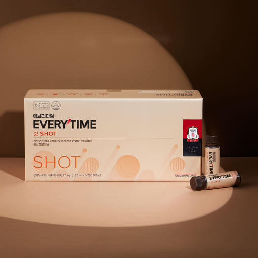 Jung Kwan Jang EveryTime Shot — EveryTime Shot box and two bottles on a warmly lit brown surface.