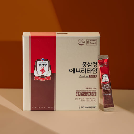 Jung Kwan Jang EveryTime Soft — Cream-and-red EveryTime Soft box and stick on a warm brown background.