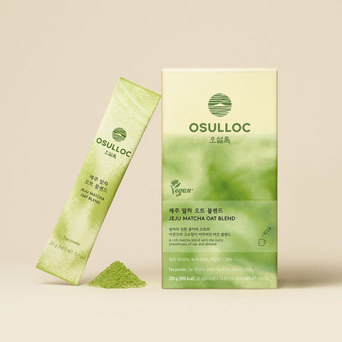 OSULLOC Jeju Matcha Oat Blend — Green box beside a matching sachet and a small mound of green powder.