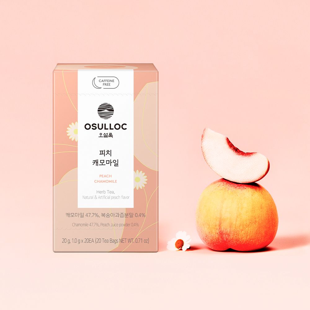 OSULLOC Peach Chamomile — Peach-coloured box beside a whole peach topped with a slice.