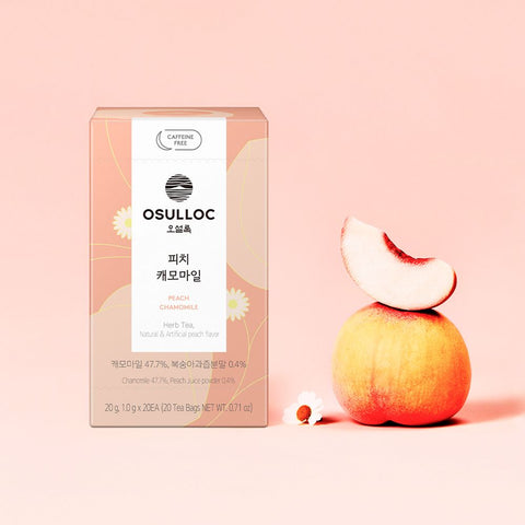 OSULLOC Peach Chamomile — Peach-coloured box beside a whole peach topped with a slice.