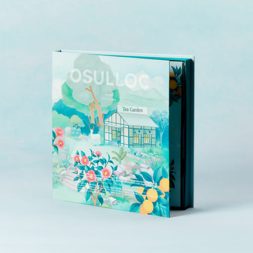 OSULLOC Tea Garden Gift Box — Illustrated turquoise gift box standing partly open.