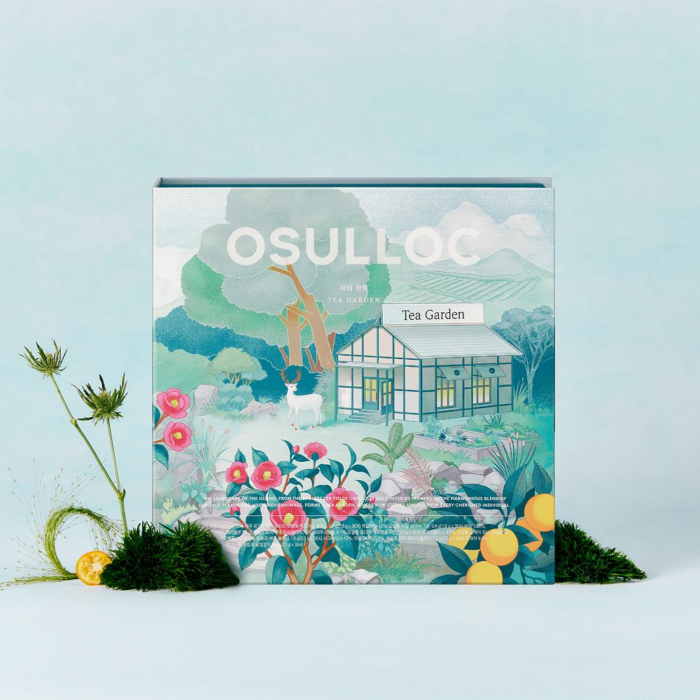 OSULLOC Tea Garden Gift Box — Turquoise gift box with an illustrated garden and greenhouse.