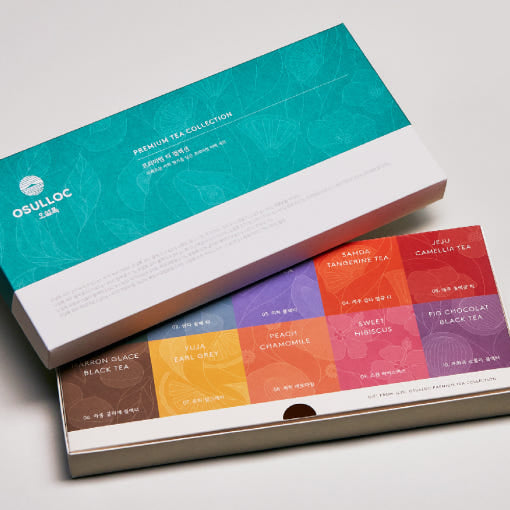 OSULLOC Premium Tea Collection 40 — Overhead view of turquoise lid and rows of colourful tea packets.