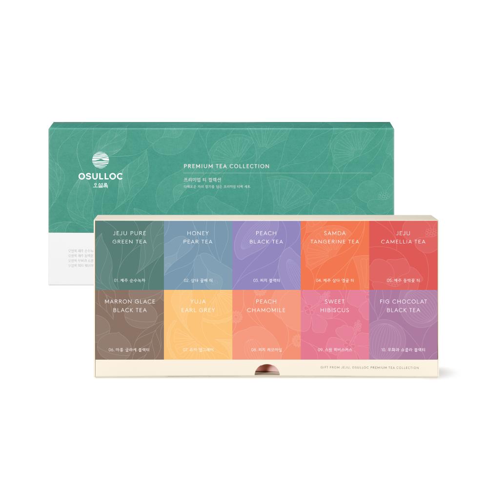 OSULLOC Premium Tea Collection 40 — Teal gift box behind a cream inner box printed with ten labelled flavour panels.