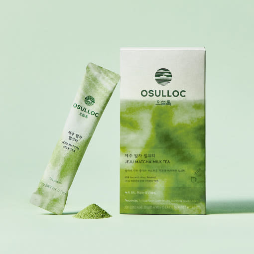 OSULLOC Jeju Matcha Milk Tea — Green Matcha Milk Tea box and stick beside green powder.