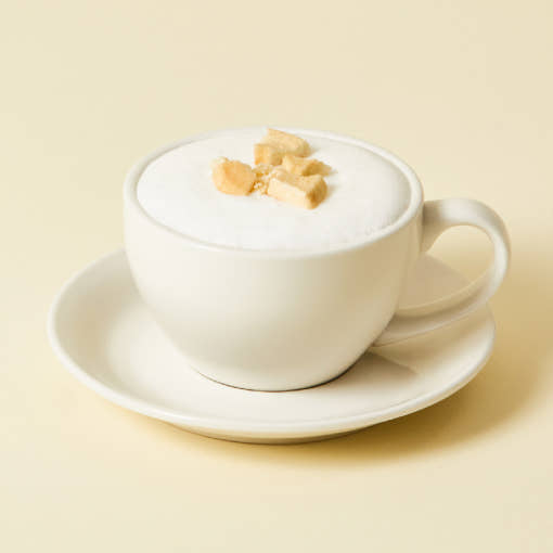 OSULLOC Chamomile Blend — White cup and saucer with a foamy drink topped with small golden pieces.