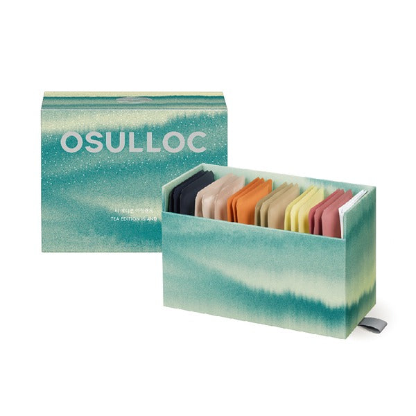 OSULLOC Tea Edition Island Gift Set — Caja de regalo turquesa abierta con filas de sobres de té de colores.