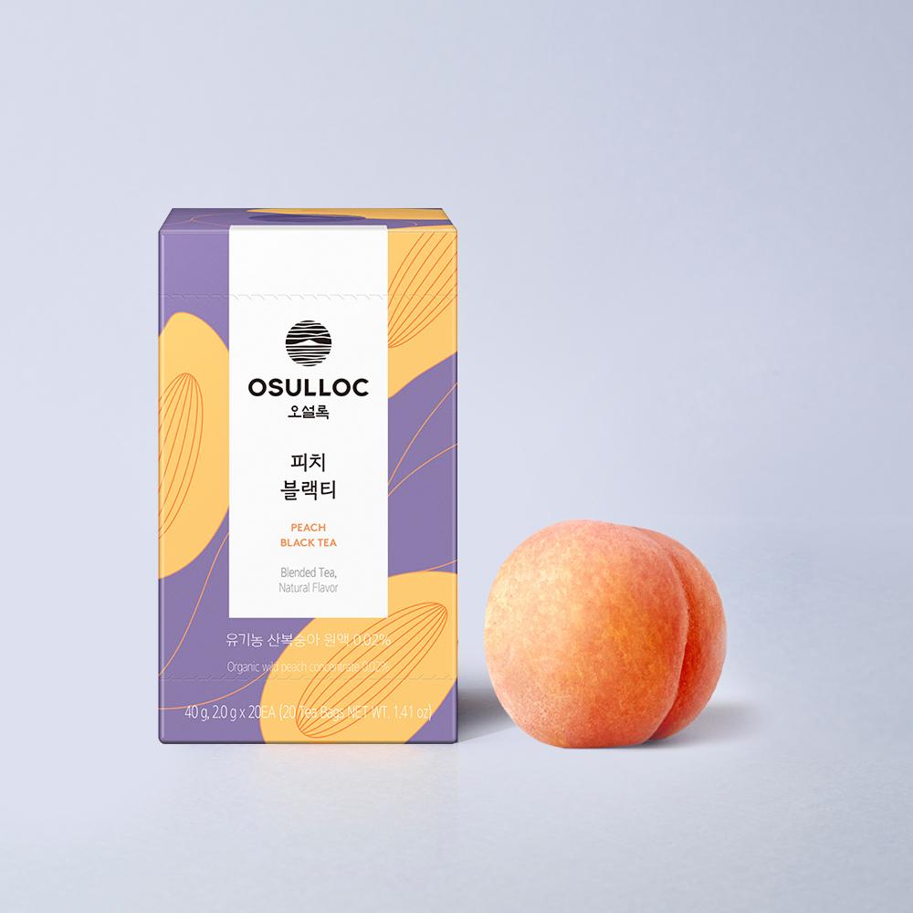 OSULLOC Peach Black Tea — Purple-and-yellow box beside a peach.