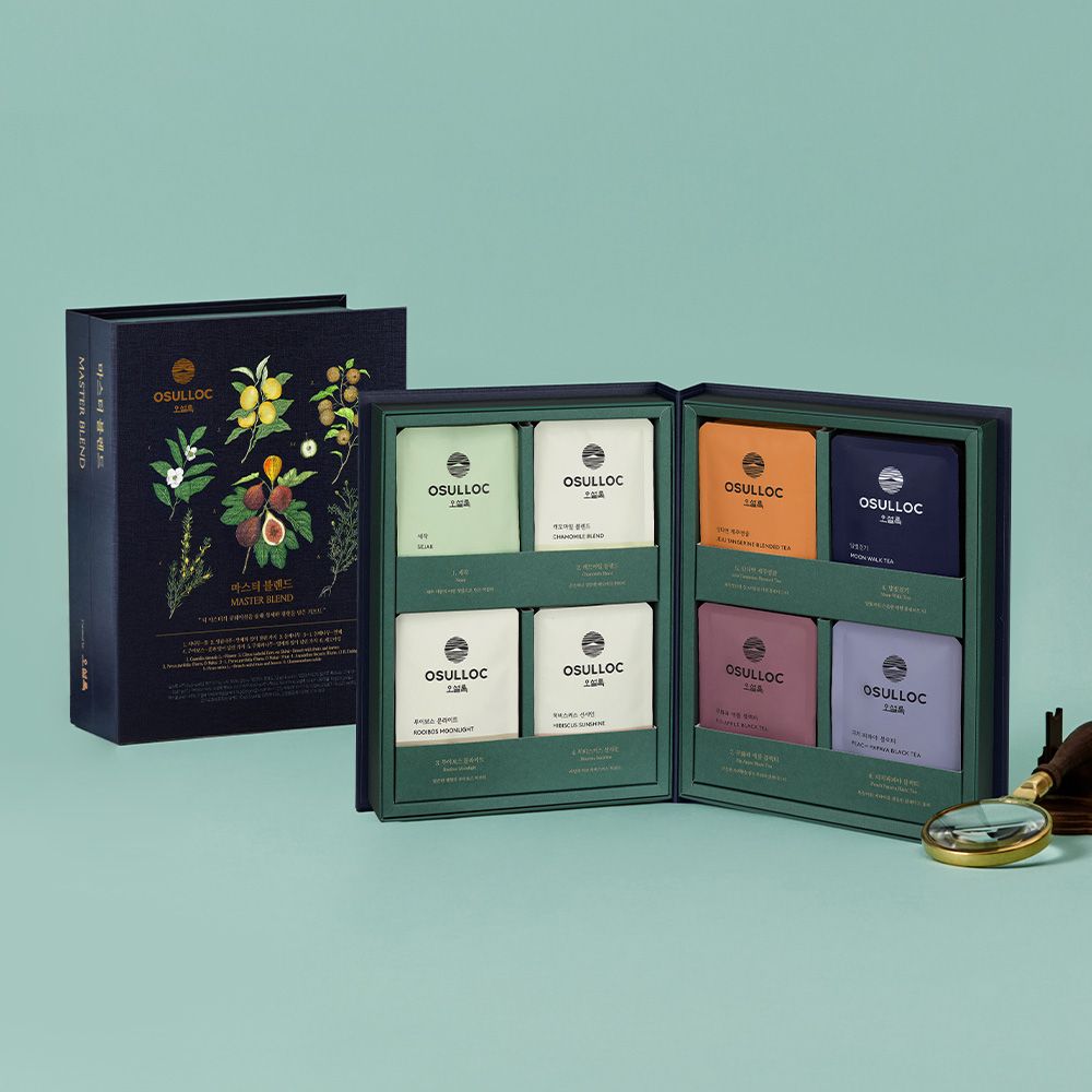 OSULLOC Masterblend Tea Collection — Open book-style gift box showing eight colourful tea compartments.