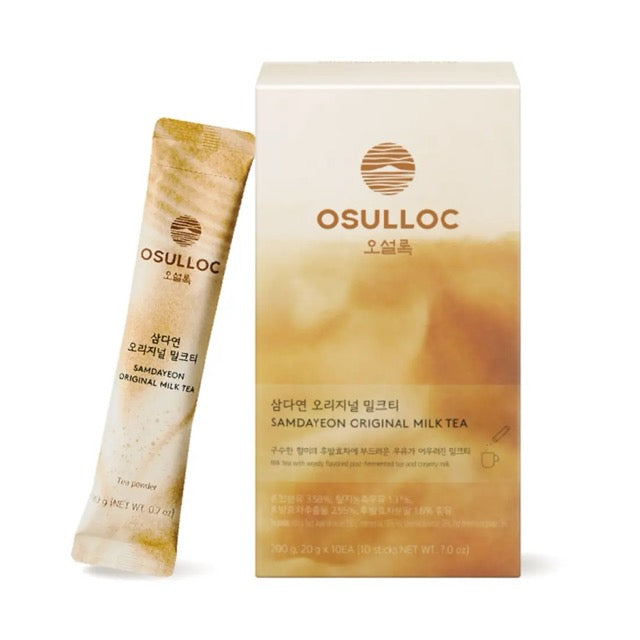 OSULLOC Original Milk Tea — Gold-and-cream milk tea box and individual stick on white.