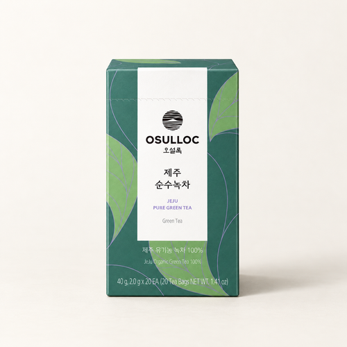 OSULLOC Jeju Pure Green Tea, 20 tea bags in a green 40 g carton on an ivory background.