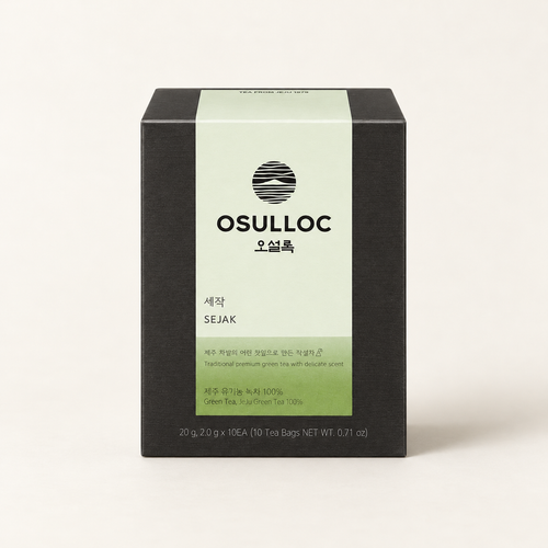 OSULLOC Sejak green tea, 10 pyramid bags in a black carton on an ivory background.