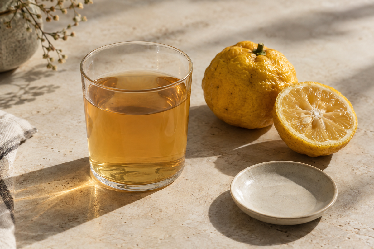 Amber infusion in a clear glass beside fresh yellow citrus on a pale stone table